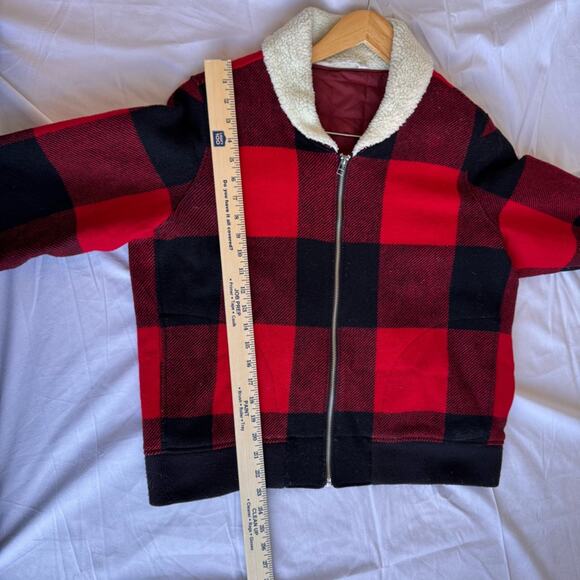 WOOLRICH Red Plaid Bomber Jacket Full Zipper Qulited Sherpa Large Women Wool - Picture 8 of 14